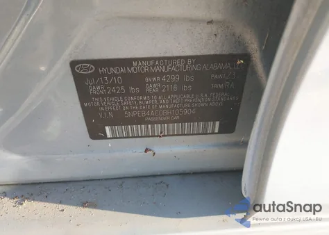 2011 Hyundai Sonata Gls z USA, uszkodzony, nr VIN 5NPEB4AC0BH105904